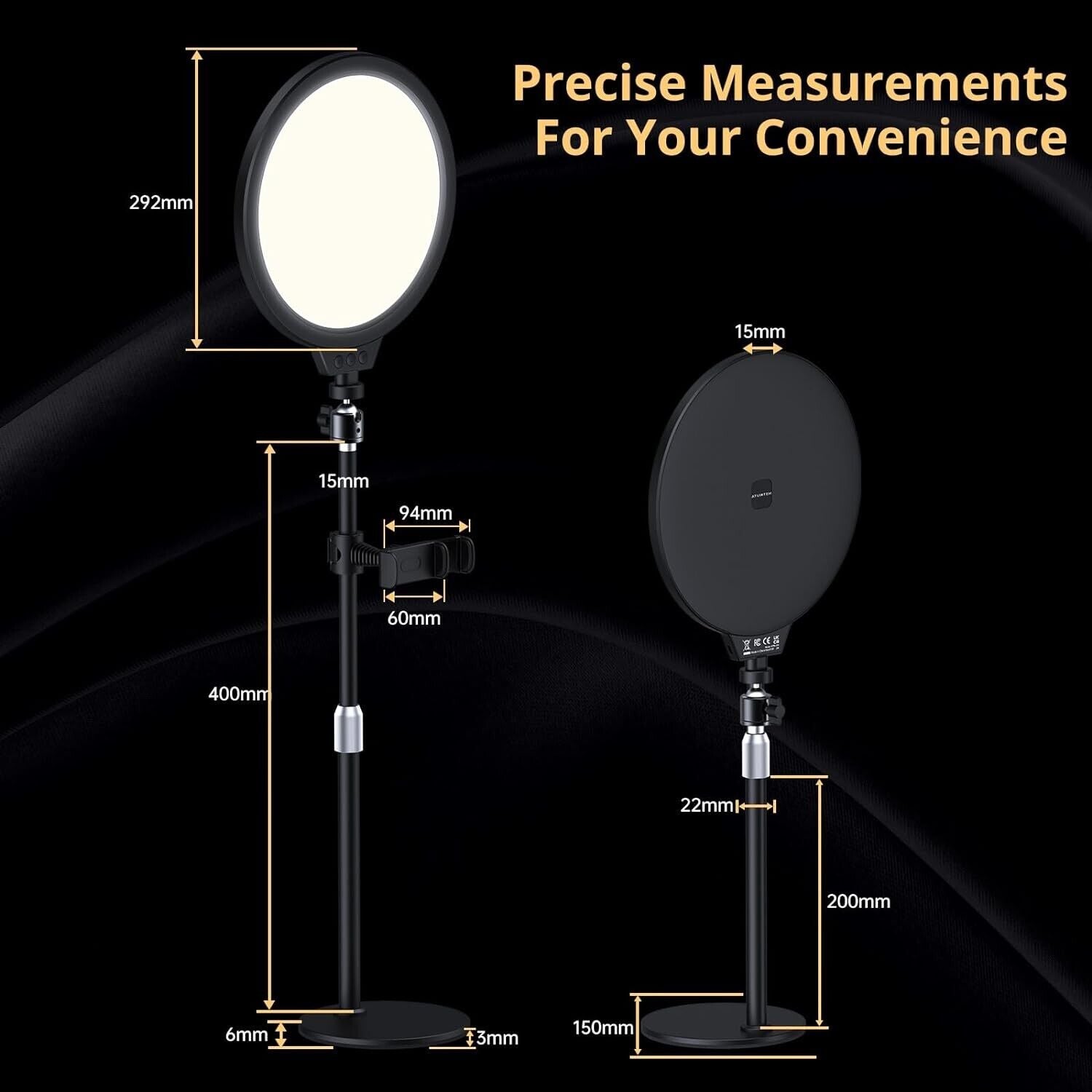 Atumtek 10 inch LED light with adjustable height and precise measurements for versatile lighting needs