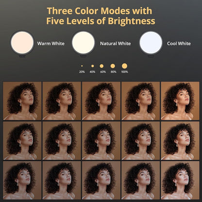 Atumtek 10 inch LED light showing three color modes and five brightness levels for optimal lighting