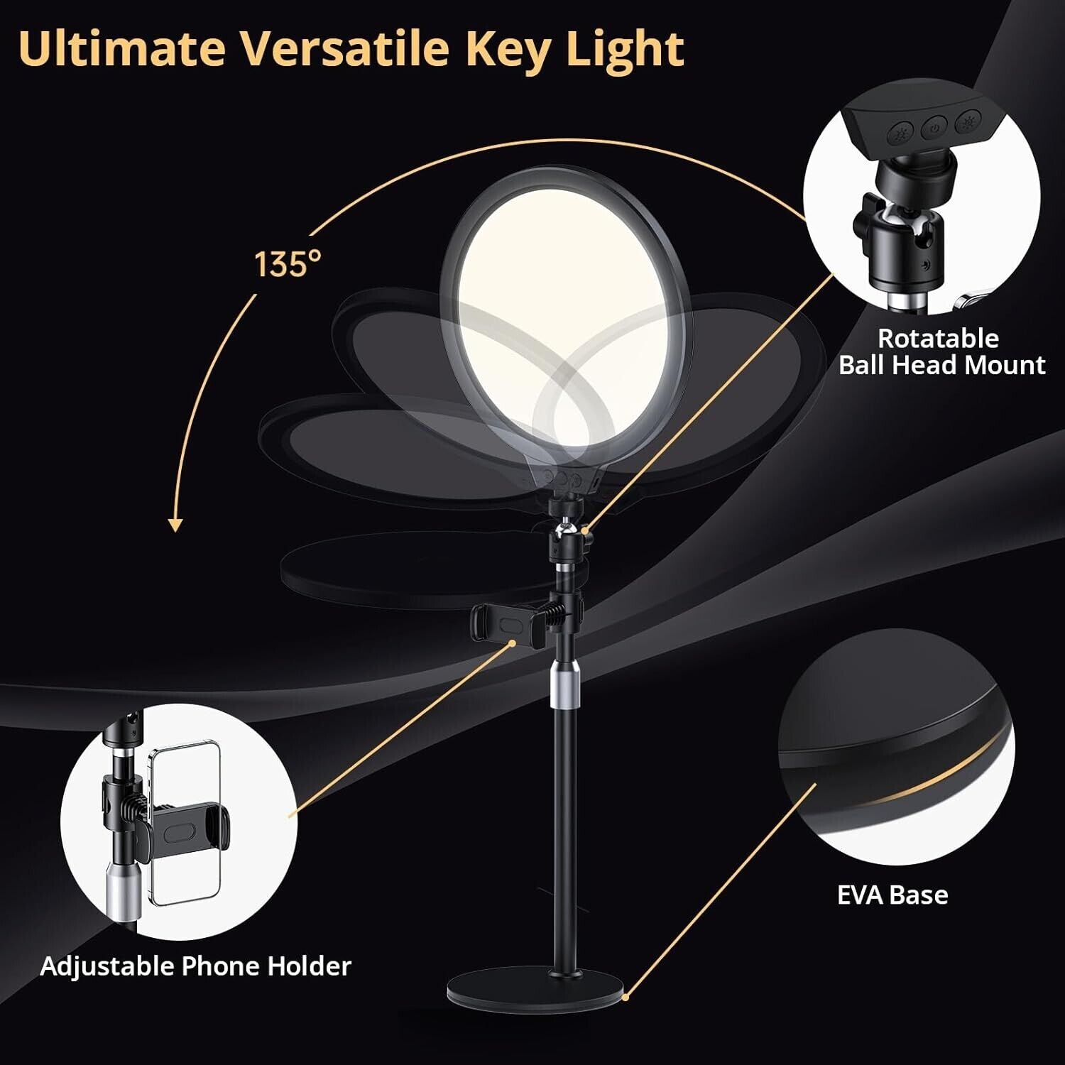 Atumtek 10 inch LED light with adjustable phone holder and rotatable ball head mount for versatile lighting
