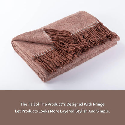 Brown Australian wool throw blanket with stylish fringe design for added texture