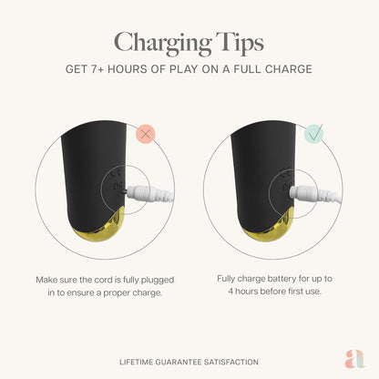 Charging tips for Ava vibrator wand for women showing charging cable connection and battery care instructions