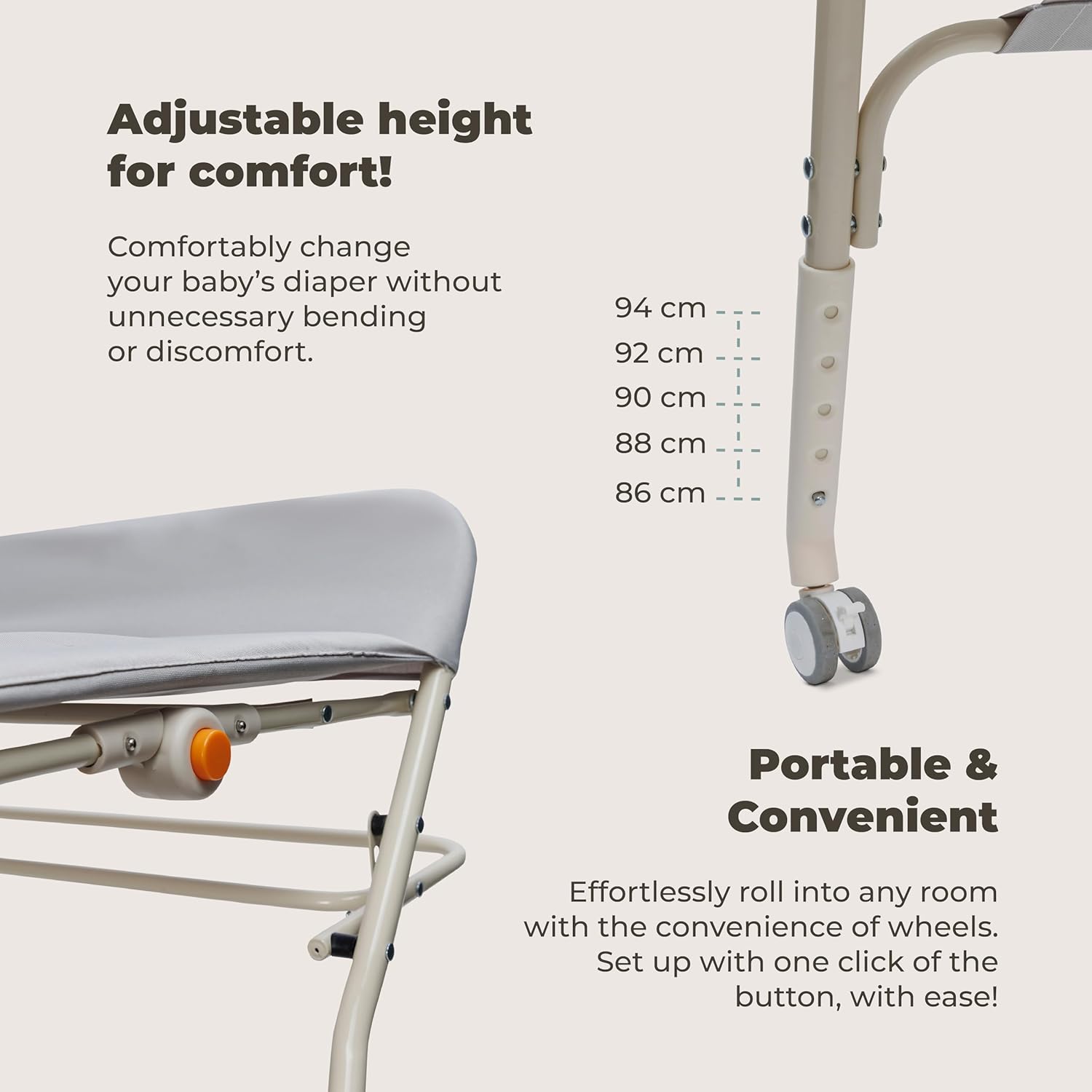 Goozie baby changing table with wheels, adjustable height for comfortable diaper changes in any room