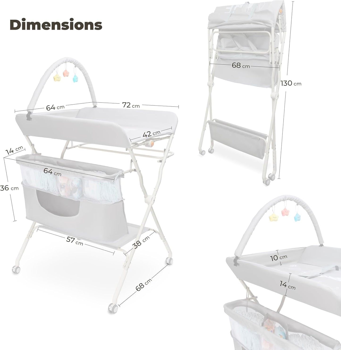 Goozie baby changing table with wheels featuring adjustable height and storage pockets for convenience