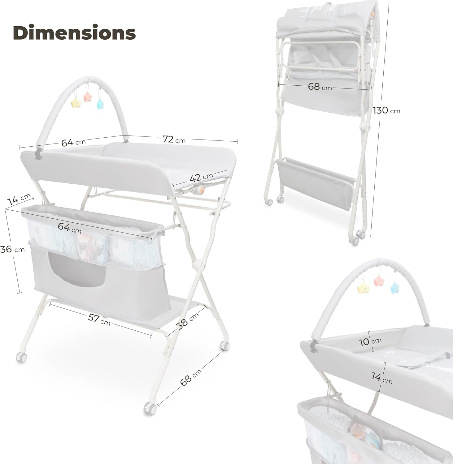 Goozie baby changing table with wheels featuring adjustable height and storage pockets for convenience