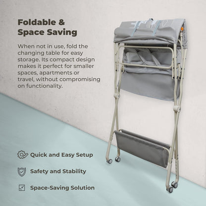 Goozie foldable baby changing table with wheels, compact design for easy storage and travel