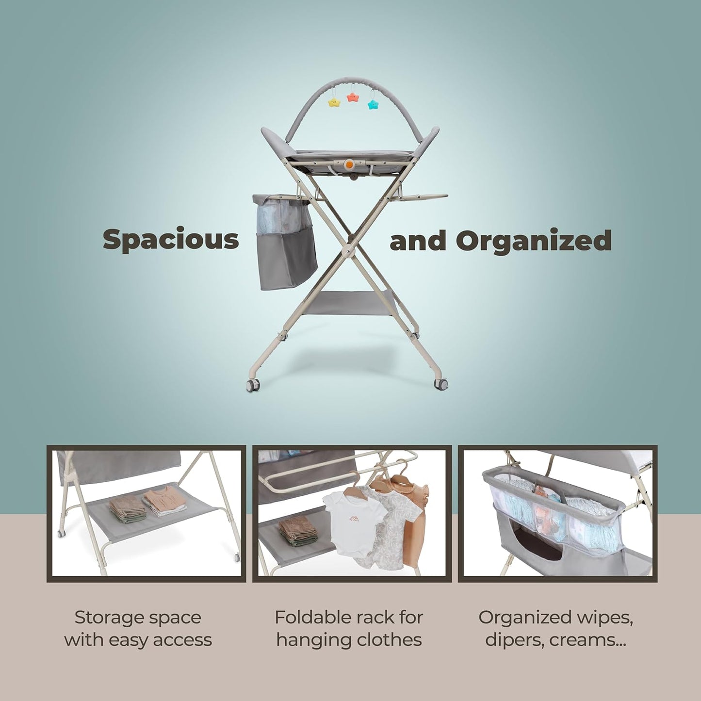 Goozie baby changing table with wheels featuring spacious storage and foldable rack for easy organisation