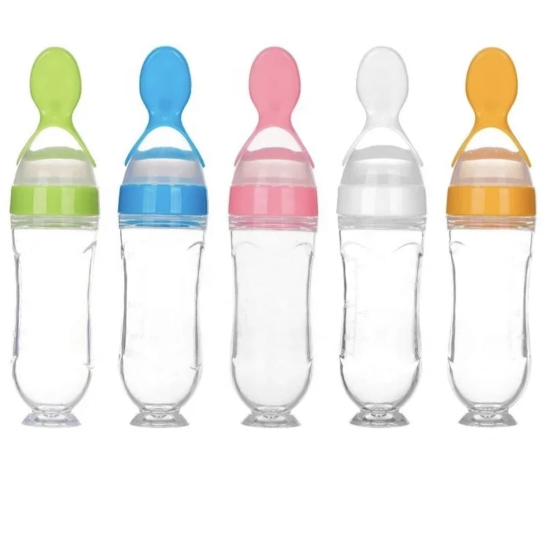 Set of five colourful baby food dispensing spoons from The Mini Boo Collection for easy feeding