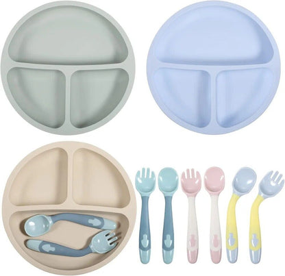Silicone baby plates and utensils set in pastel colors for easy feeding and mealtime fun