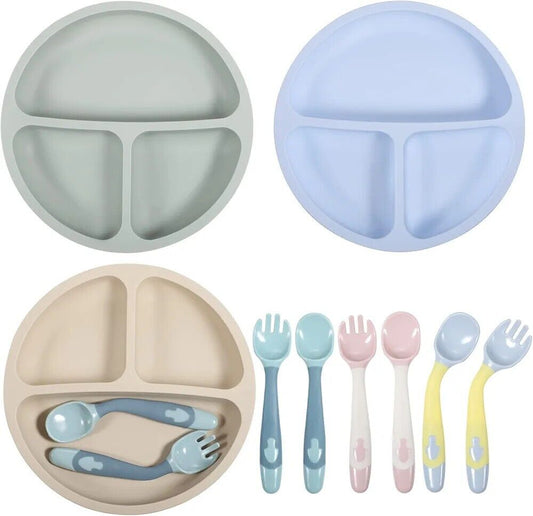Silicone baby plates and utensils set in pastel colors for easy feeding and mealtime fun