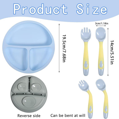 Blue Silicone Divided Plate with Yellow Fork and Spoon Set, Ideal for Toddlers and Kids
