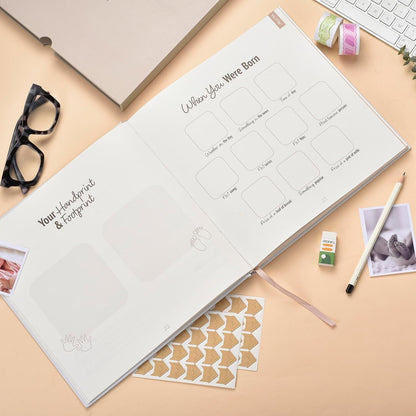 Gateway22 baby journal first steps open book with footprint and milestone sections on beige desk
