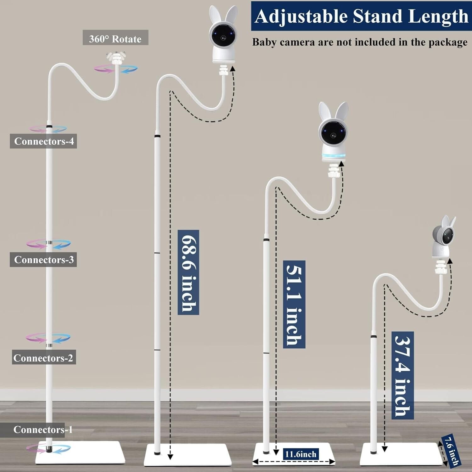 Adjustable baby monitor floor stand showcasing height options and 360-degree rotation for optimal baby monitoring