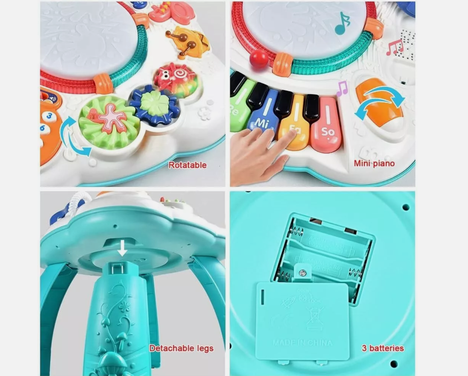 Cemirk baby musical activity table featuring a mini piano, rotatable elements, and detachable legs