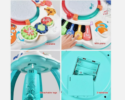 Cemirk baby musical activity table featuring a mini piano, rotatable elements, and detachable legs