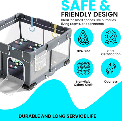 Plurimo baby playpen 127x127cm in grey with mesh sides, safe design for indoor use and BPA free