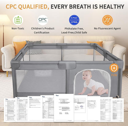 Treeboy baby playpen with mesh sides in grey, safe and certified for children's use