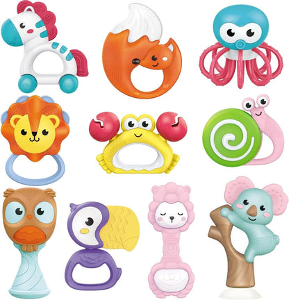 Colorful Fiouni baby rattle teething toy set featuring adorable animal designs for infants