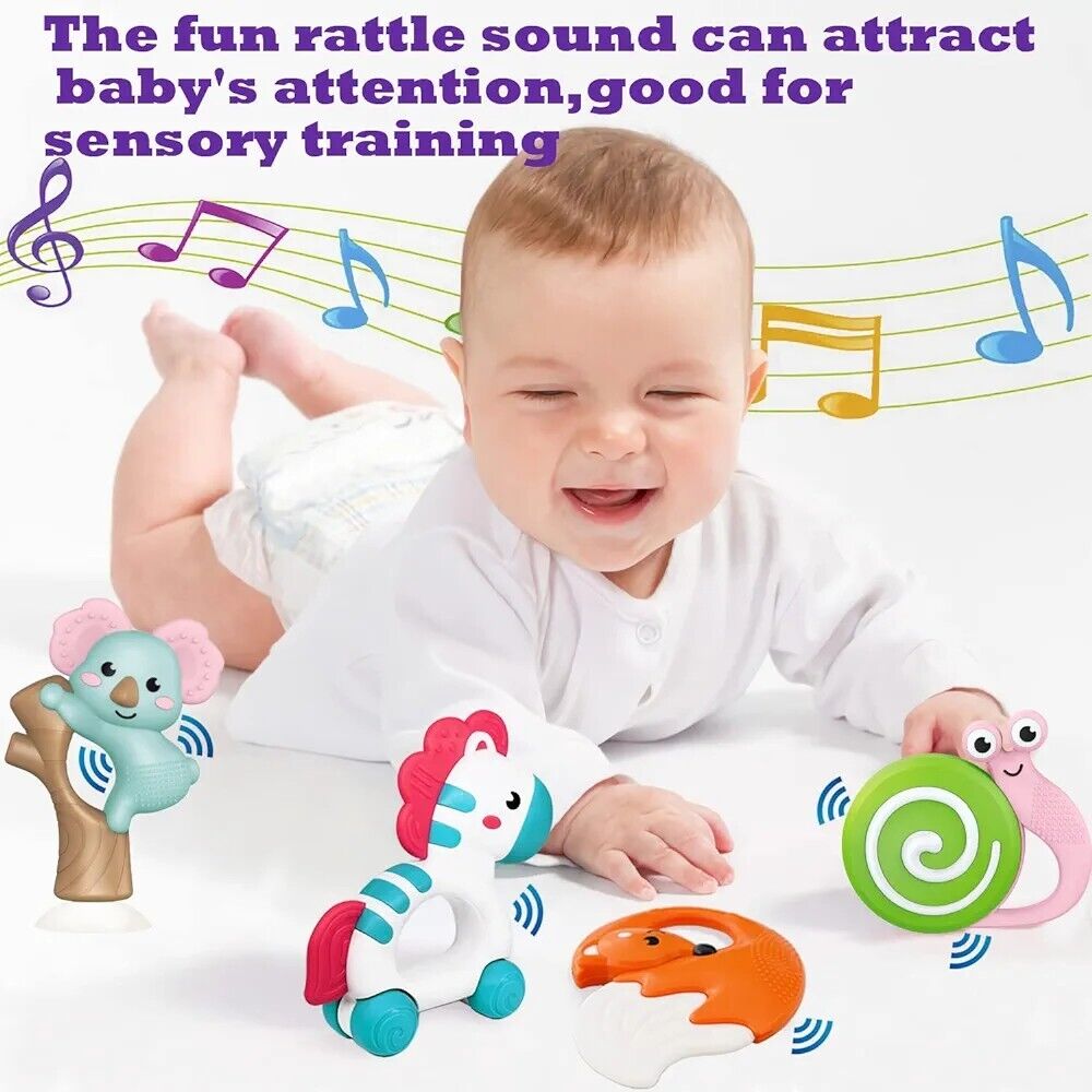 Fiouni baby rattle teething toy set featuring colorful designs for sensory training and engagement