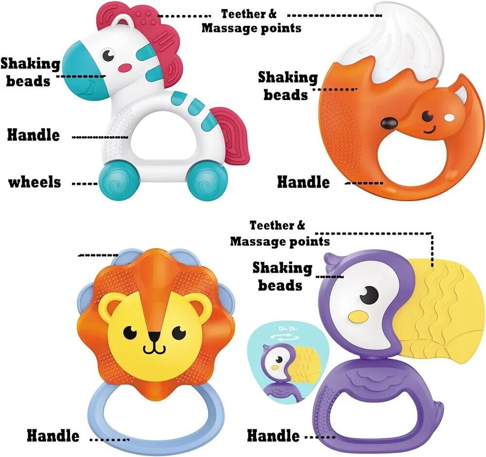 Fiouni baby rattle teething toy set featuring colorful animal designs with various textures