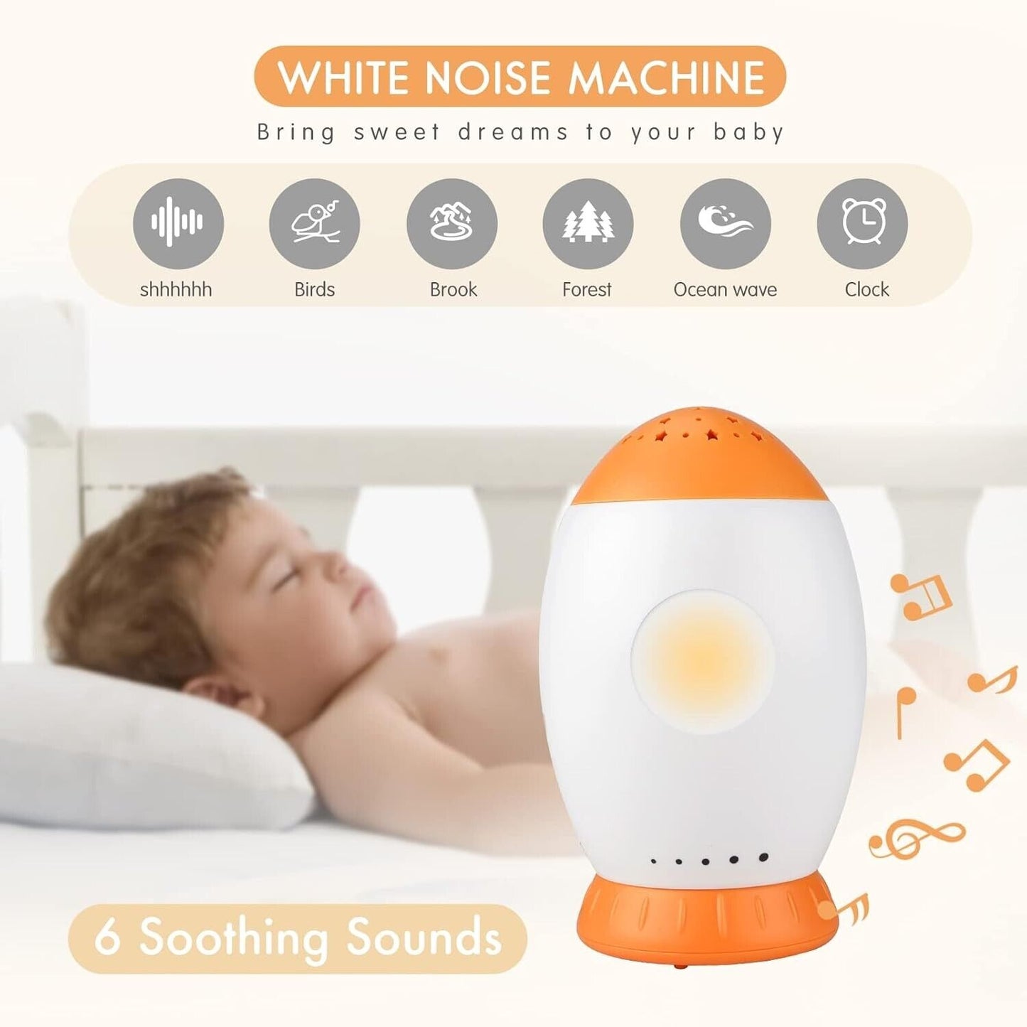 Baby sleep soother with night light featuring 6 soothing sounds for peaceful sleep