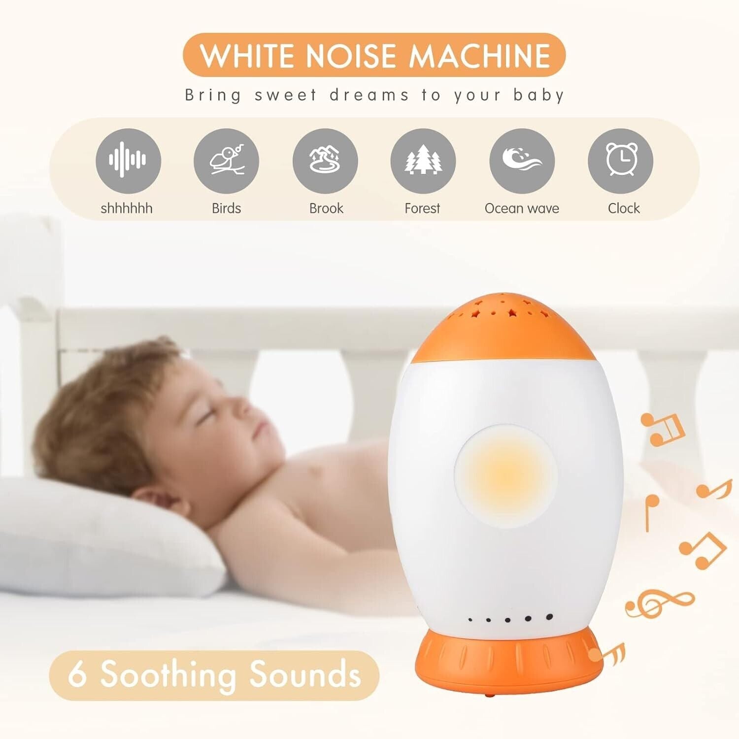 Baby sleep soother with night light featuring 6 soothing sounds for peaceful sleep