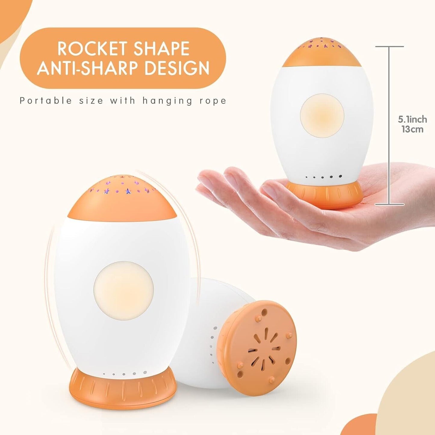 Portable rocket-shaped baby sleep soother with night light and hanging rope for soothing infants