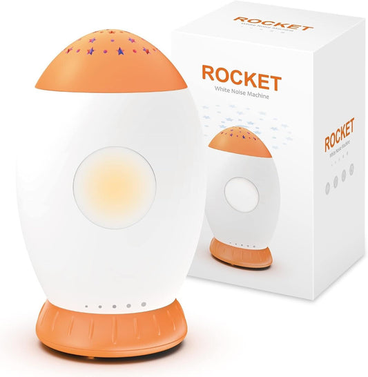 Baby sleep soother with night light in a fun rocket shape, perfect for helping infants relax and sleep