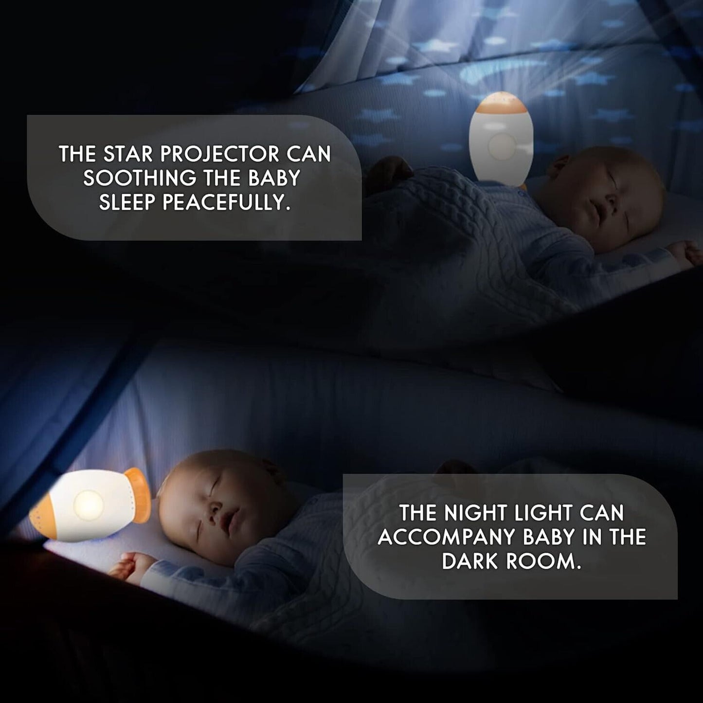 Baby sleep soother with night light featuring a star projector for peaceful sleep