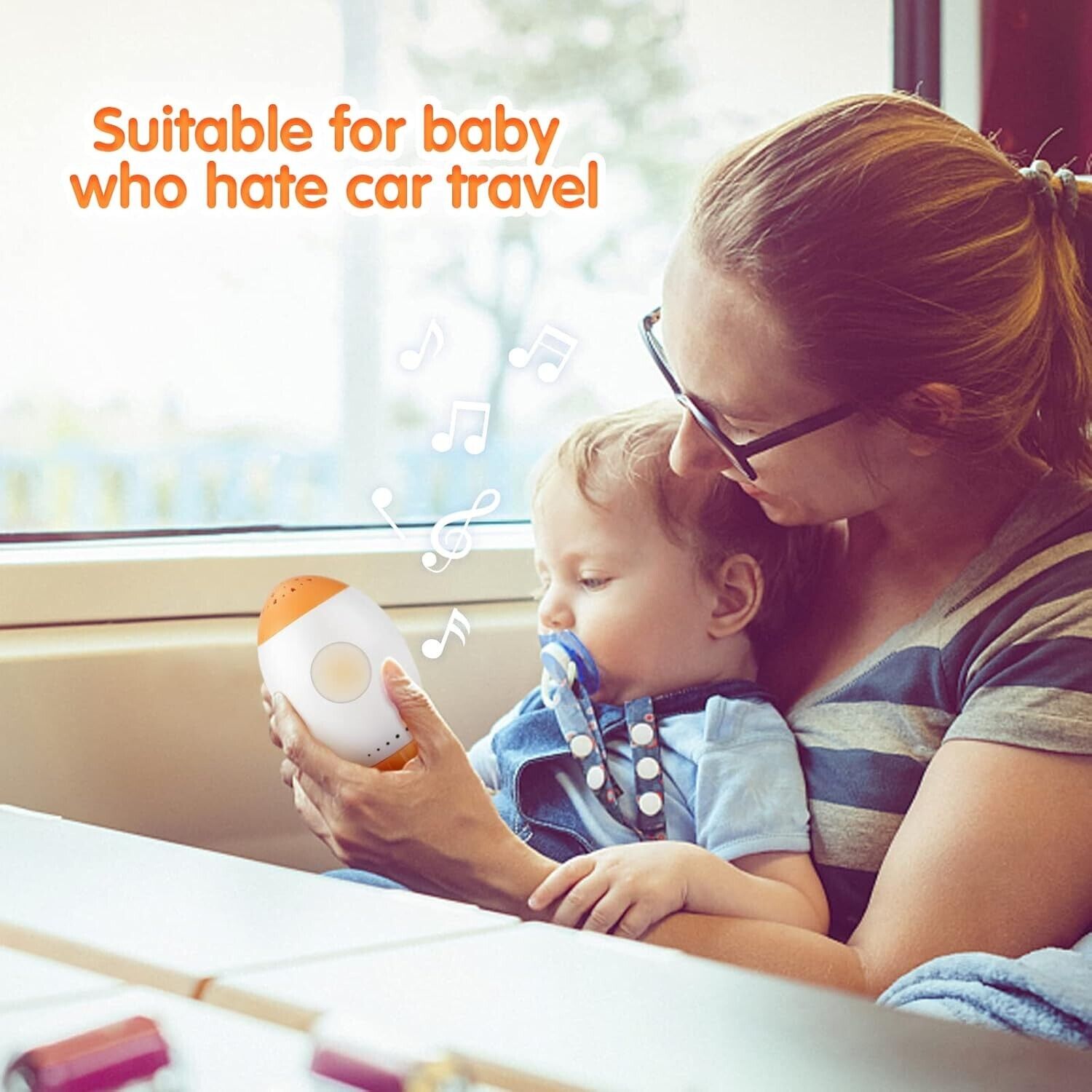 Mother using a baby sleep soother with night light to comfort her child during car travel