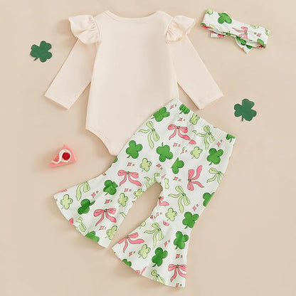 Edhomenn St Patrick's Day baby outfit featuring a long-sleeve bodysuit, flared trousers, and matching headband