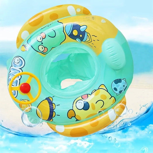 Bravepal baby swimming float with seat featuring fun cartoon designs and a safety steering wheel