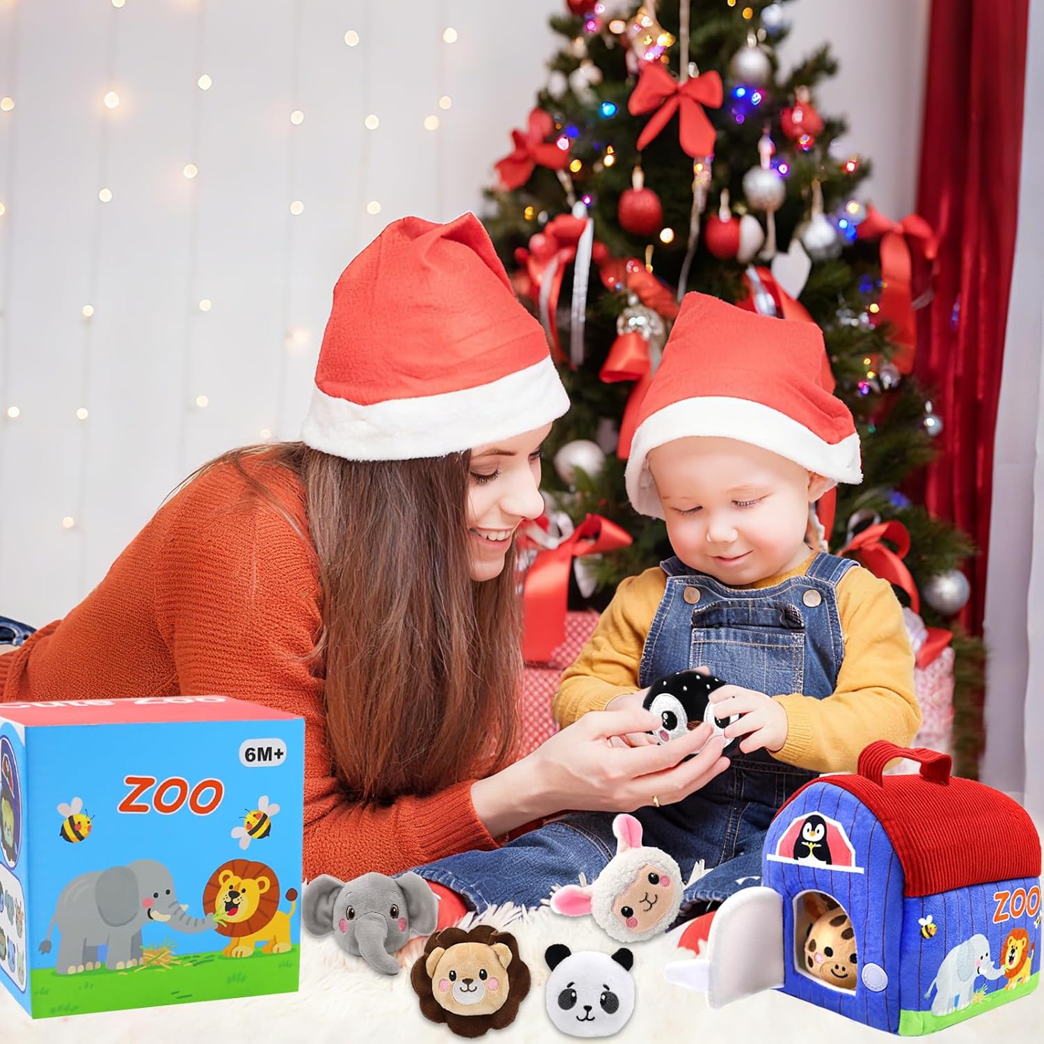 Soft plush baby toys 6-12 months for sensory play with a colourful zoo theme, ideal for toddlers