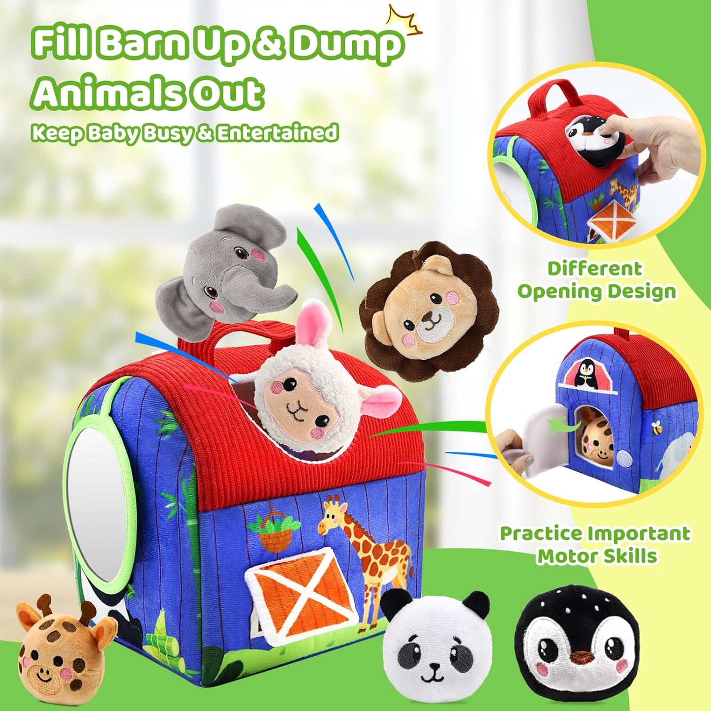 Colourful Jsvacva barn toy with plush animals for baby toys 6-12 months to develop motor skills