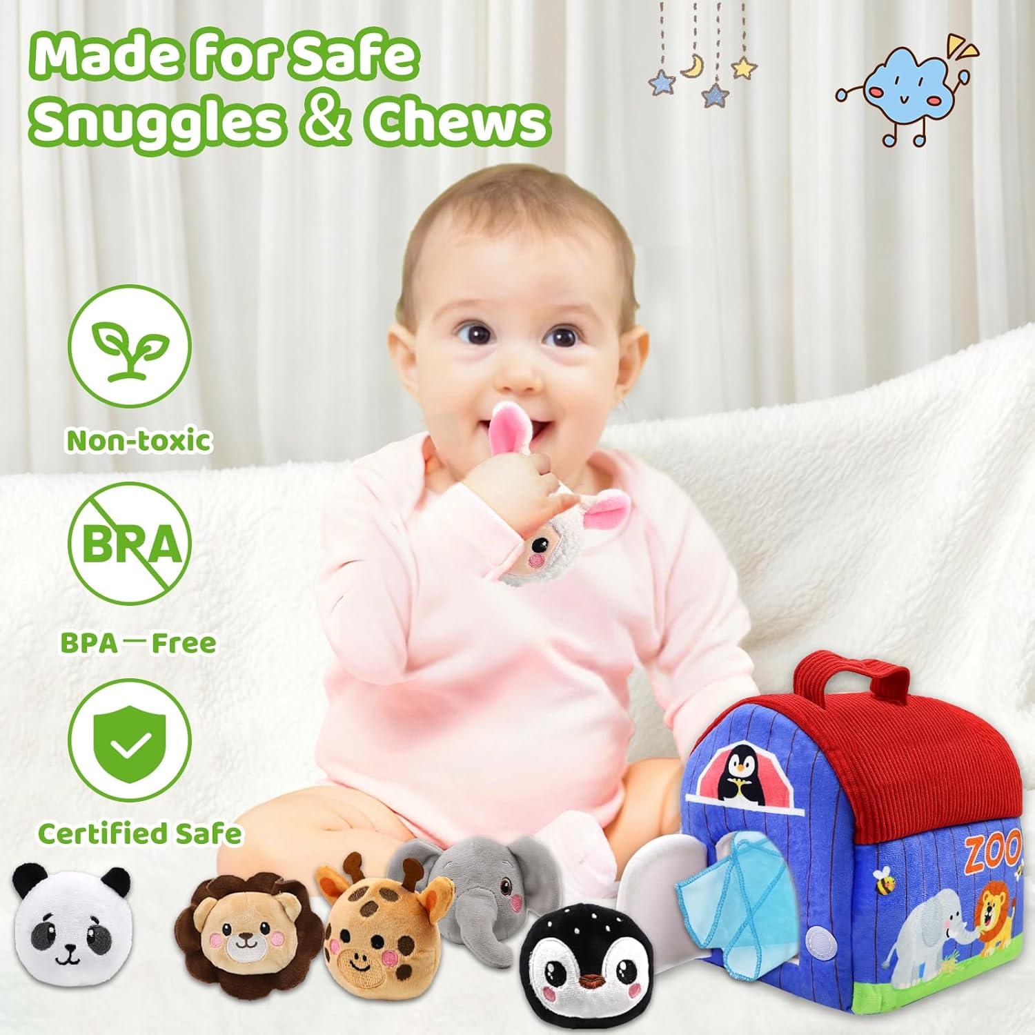 Jsvacva baby toys 6-12 months soft plush animals in a colourful bag, perfect for safe snuggles and chews