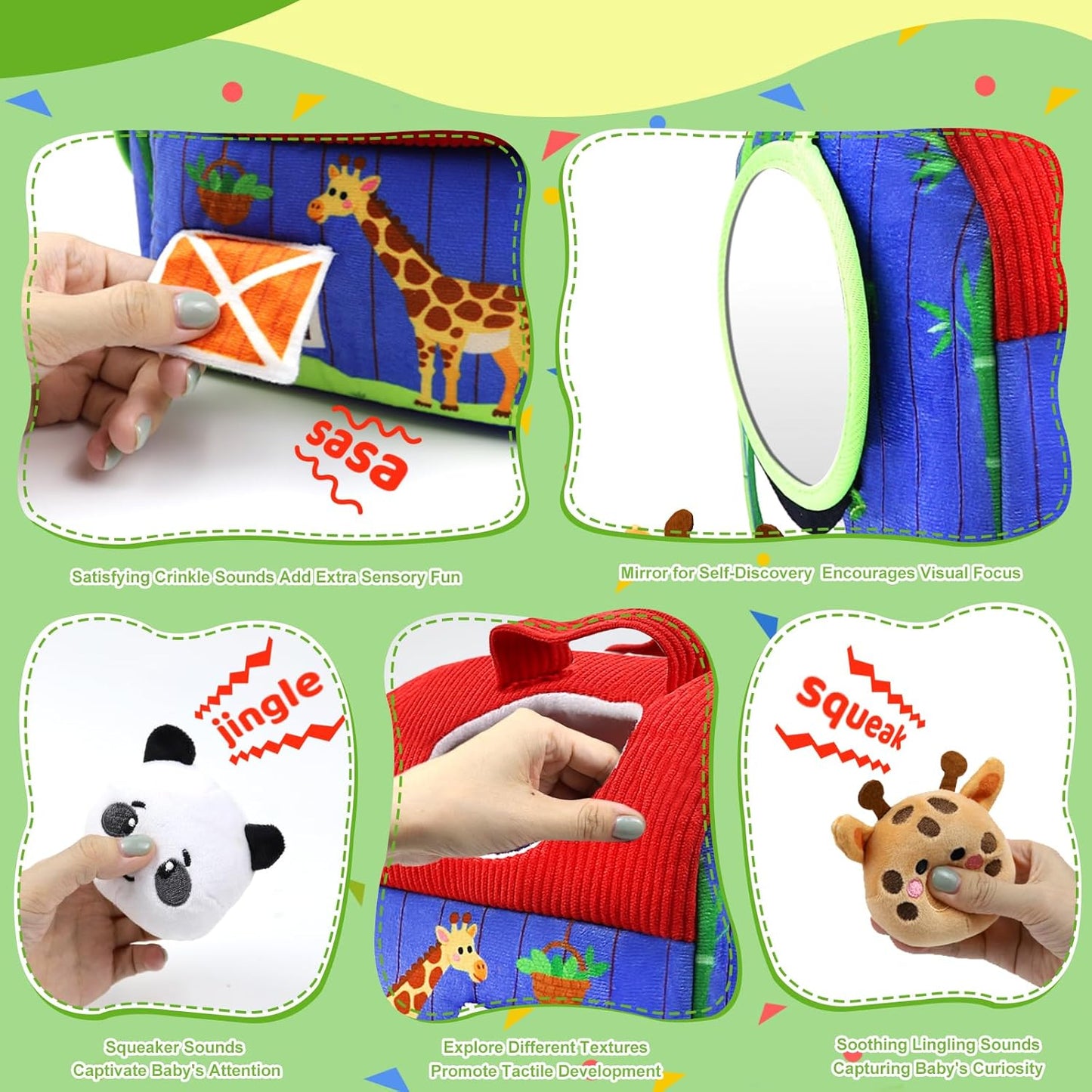 Jsvacva baby toys 6-12 months featuring various textures, sounds, and a mirror for sensory play