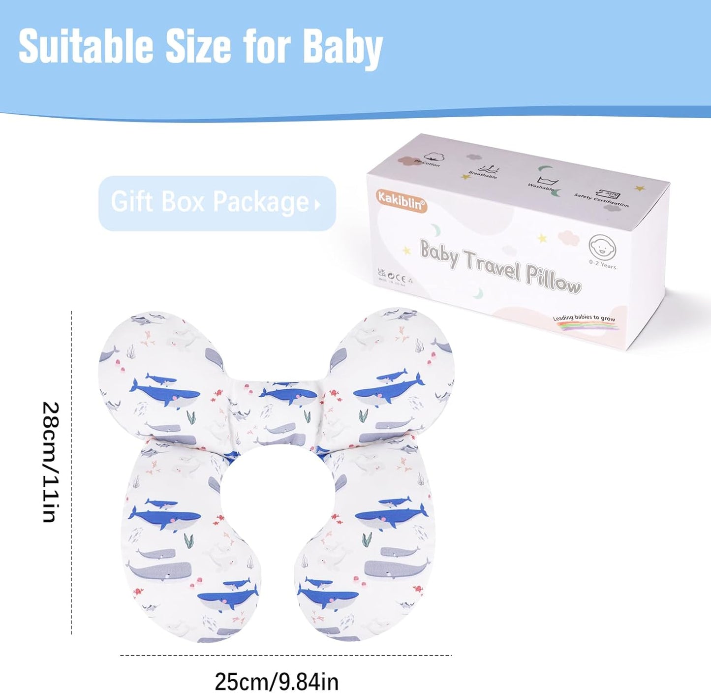 Kakiblin baby travel pillow whale design in a gift box, ideal for comfortable travel with babies
