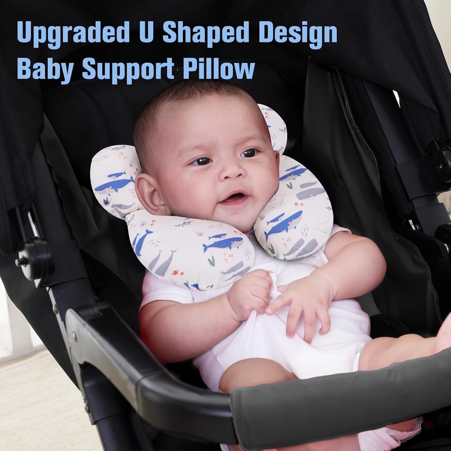 Kakiblin baby travel pillow whale design for infants with upgraded U shaped support for strollers