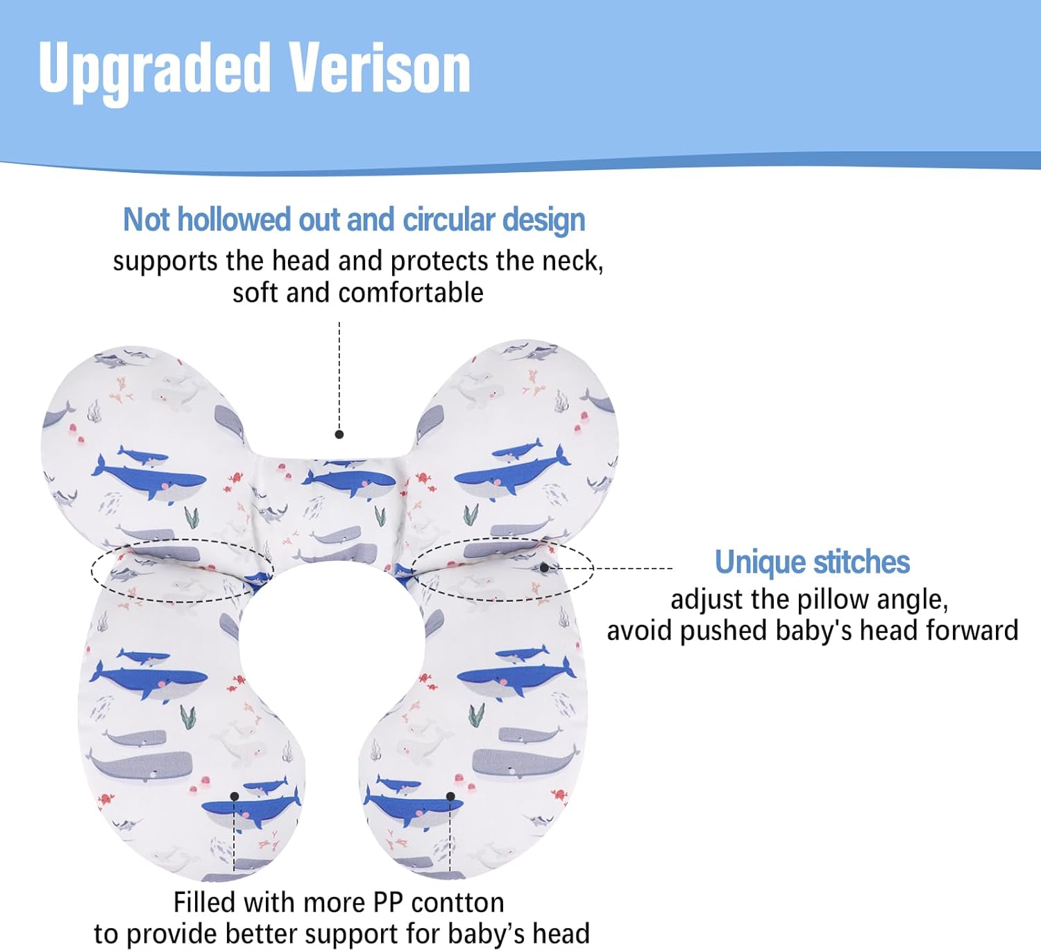 Kakiblin baby travel pillow whale design with ergonomic shape for head and neck support