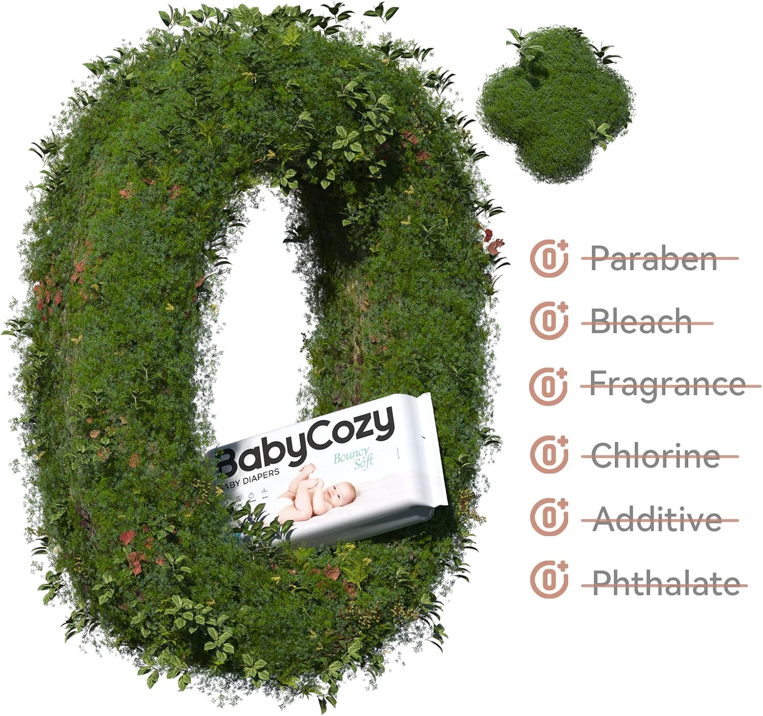 Babycozy size 3 diapers pack surrounded by lush greenery, highlighting eco-friendly features