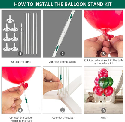 Instructions for using the balloon stand kit for parties with step-by-step visuals