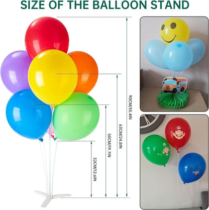 Balloon stand kit for parties displaying colourful balloons and a cheerful smiley face decoration