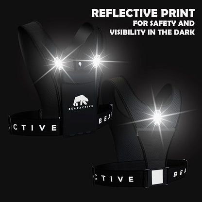 Bearactive LED running vest with lights featuring reflective print for safety and visibility in the dark