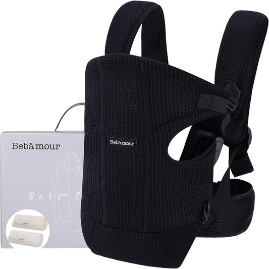 Bebamour baby carrier in black fabric with ergonomic design for comfortable baby wearing