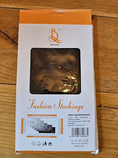 Beileisi packaging for black stockings with bow pattern, highlighting stylish design and quality