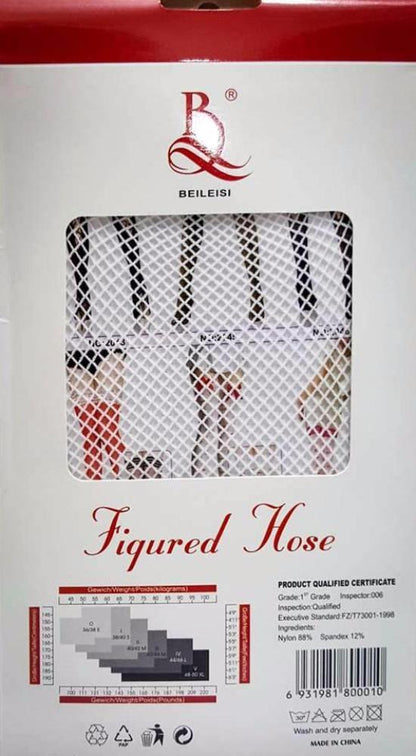 Beileisi white fishnet thigh high stockings in a stylish packaging with design details