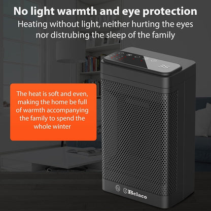 Belaco PTC ceramic heater with no light, ensuring warmth without disturbing sleep for the whole family