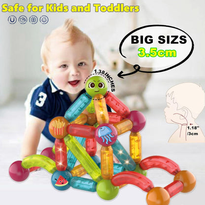 Child playing with BINZKBB magnetic glow in the dark building blocks in bright colours, safe for kids