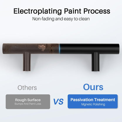 Comparison of black kitchen cupboard handles 64mm showing superior electroplating process and surface finish
