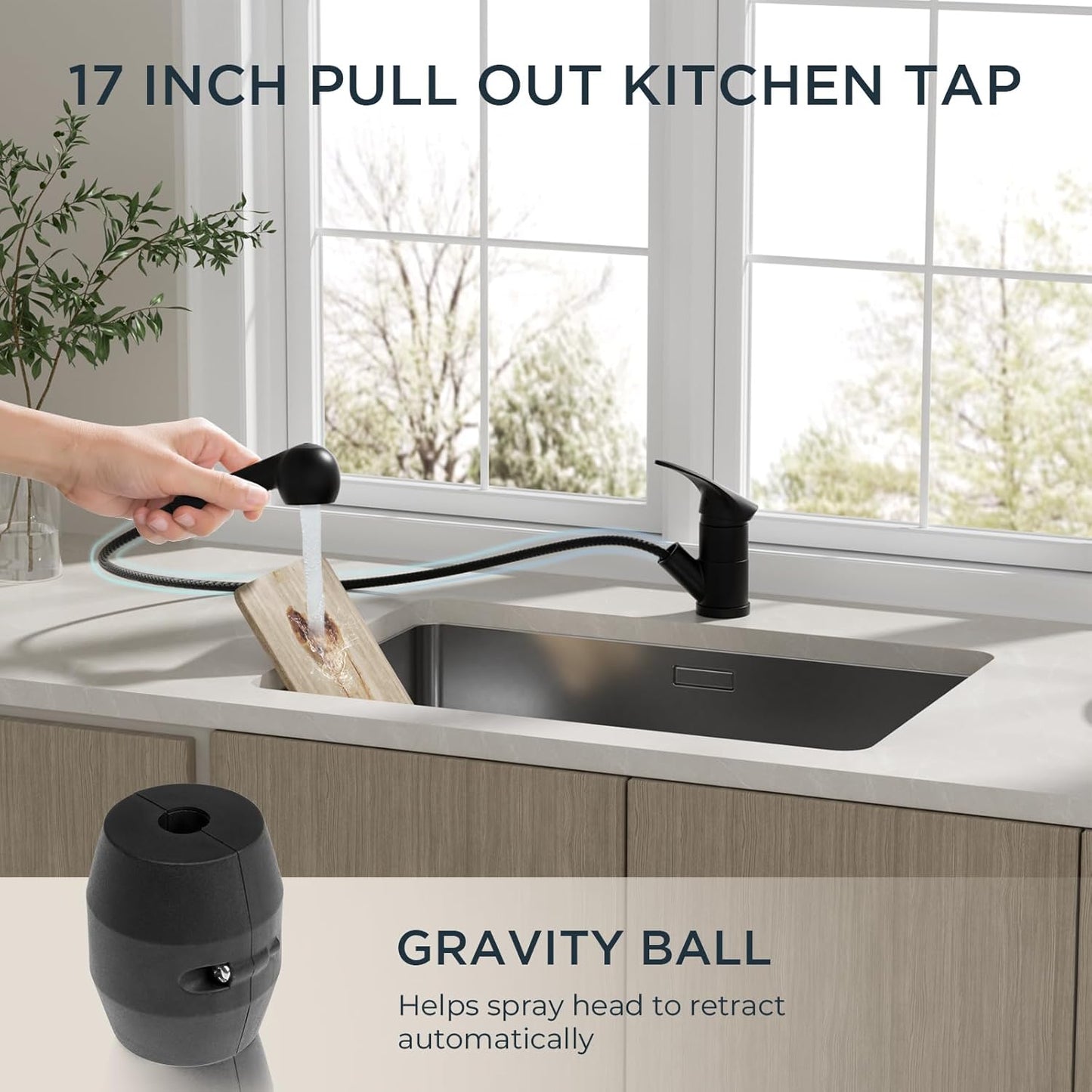 Forious 17 Inch Pull Out Black Kitchen Mixer Tap with Gravity Ball for Easy Retract