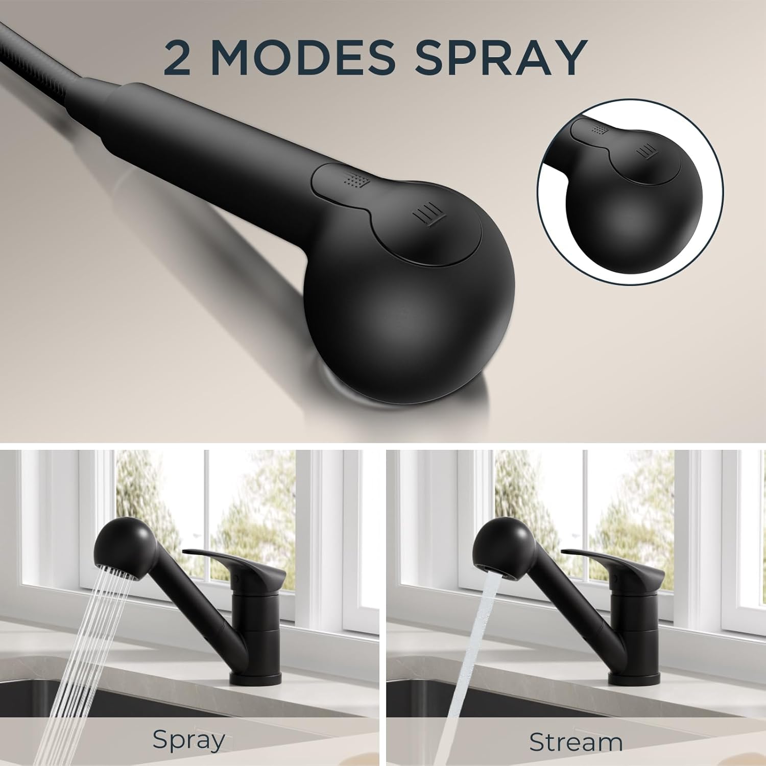 Forious black kitchen mixer tap with two modes: spray and stream for versatile kitchen use